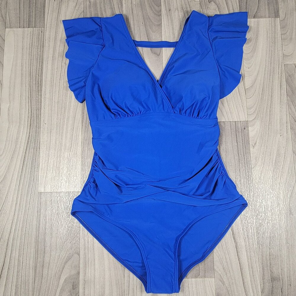 Grace Karin Swimsuit Womens Size S Blue One Piece Fluter Sleeves V-Neck NWT